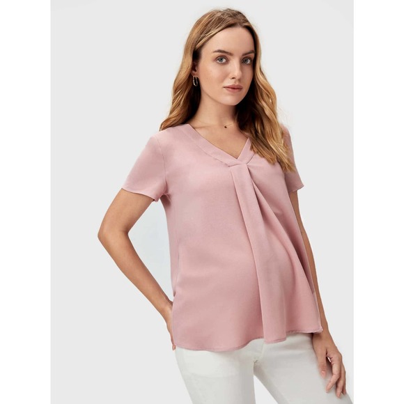 Maternity Solid V Neck short sleeve Blouse light green - Picture 10 of 11